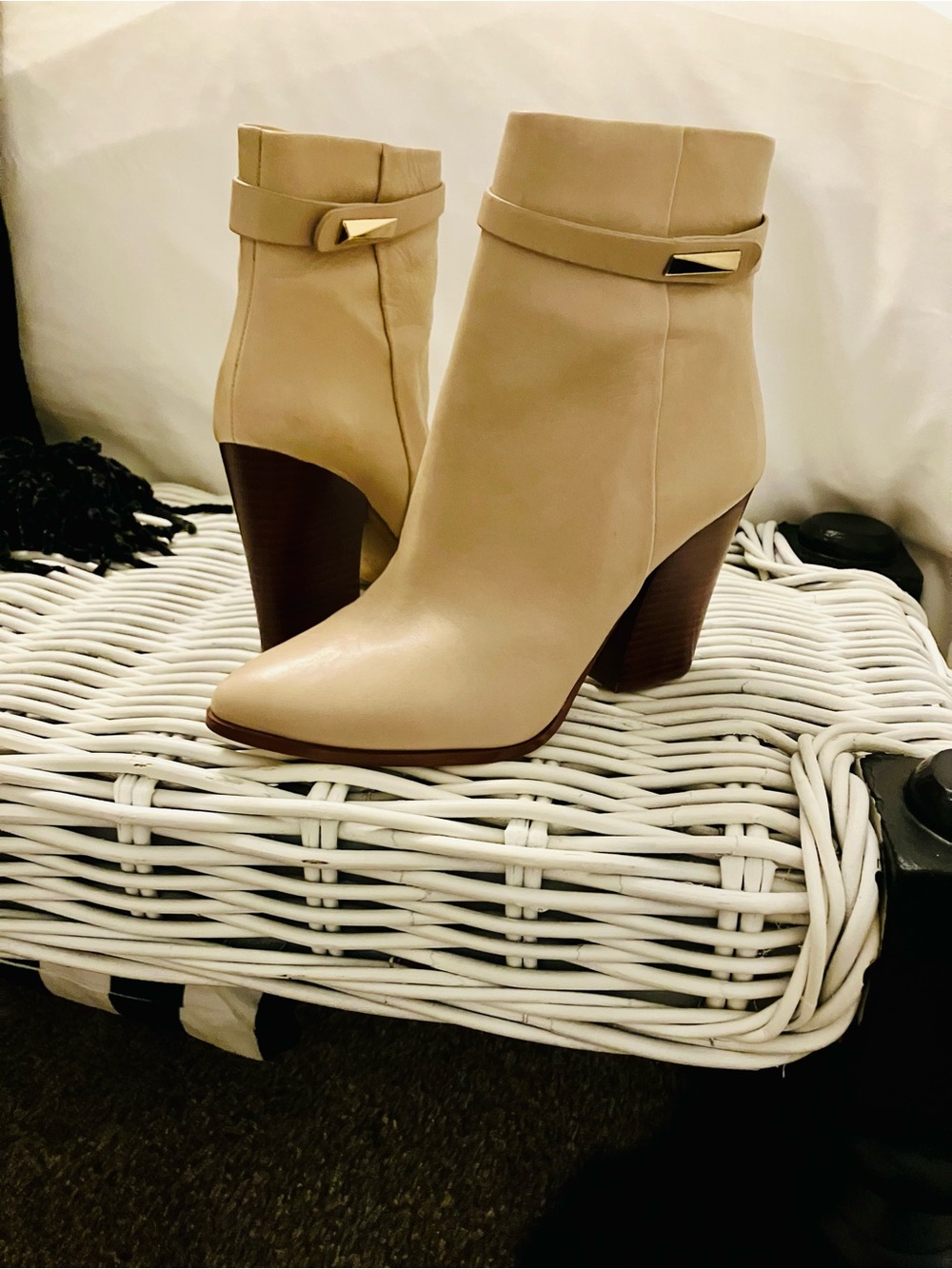 Vince Camuto Taupe Leather Ankle Boots with Block Heel - Picture 2 of 8